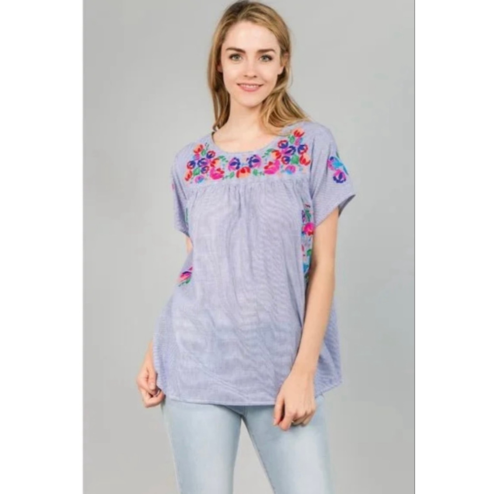 Embroidered Floral Peasant‎ Blouse | Short Sleeve Boho Top